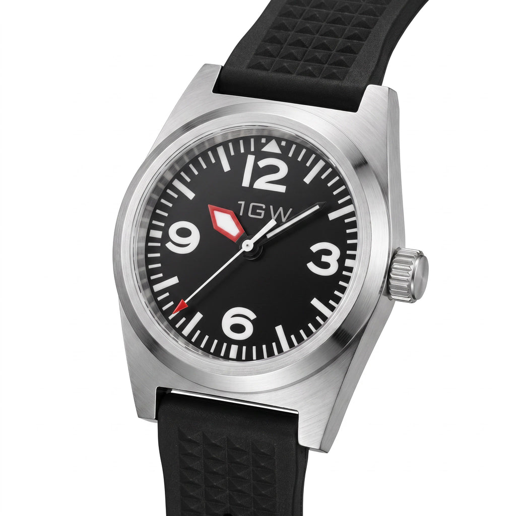 1GW Black Explorer PT5000 - three-quarter studio angle on white showing case profile and crown