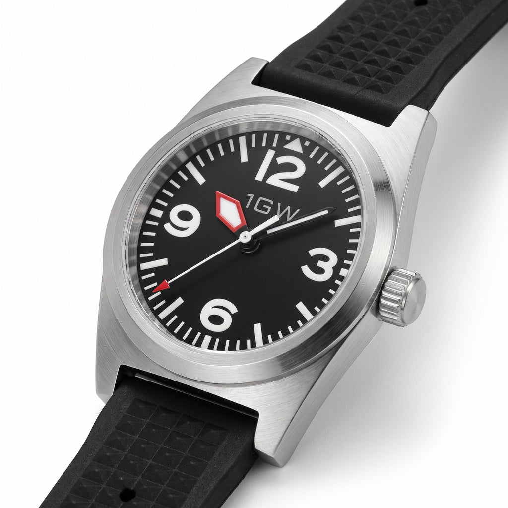 1GW Black Explorer PT5000 - angled studio close view of the matte black dial