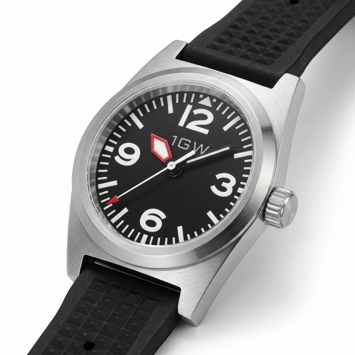 1GW Black Explorer PT5000 - angled studio close view of the matte black dial