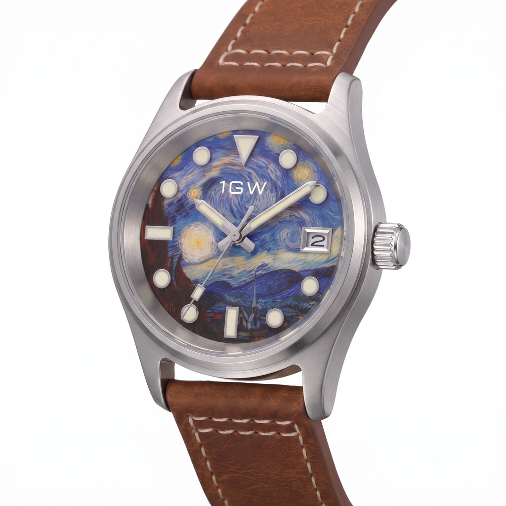 1GW Starry Night Automatic 36mm - three-quarter studio angle on white showing case profile and crown