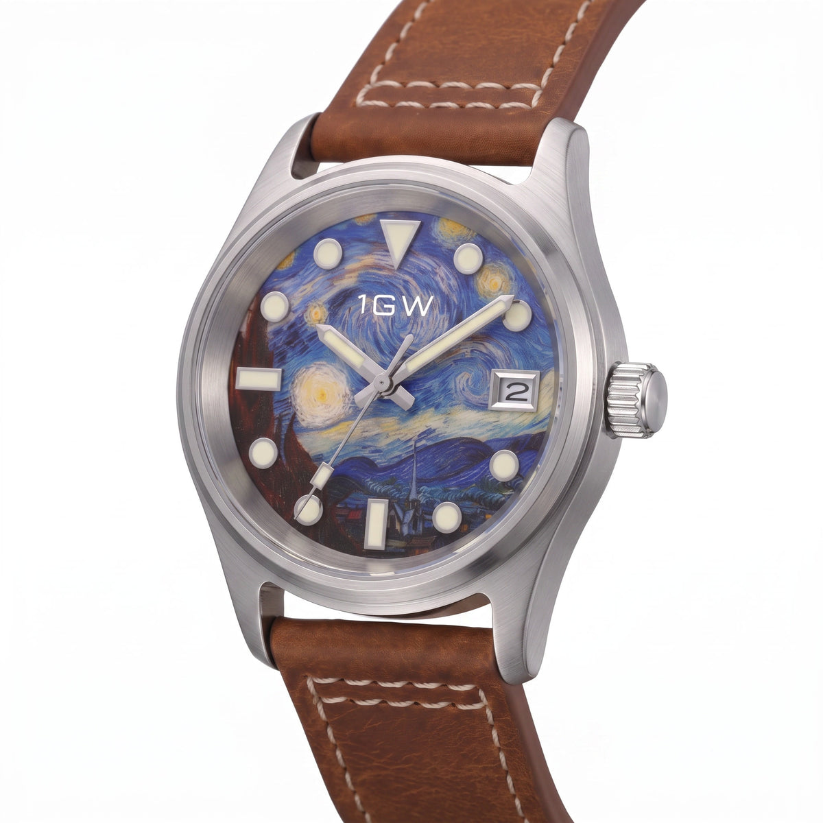 1GW Starry Night Automatic 36mm - three-quarter studio angle on white showing case profile and crown