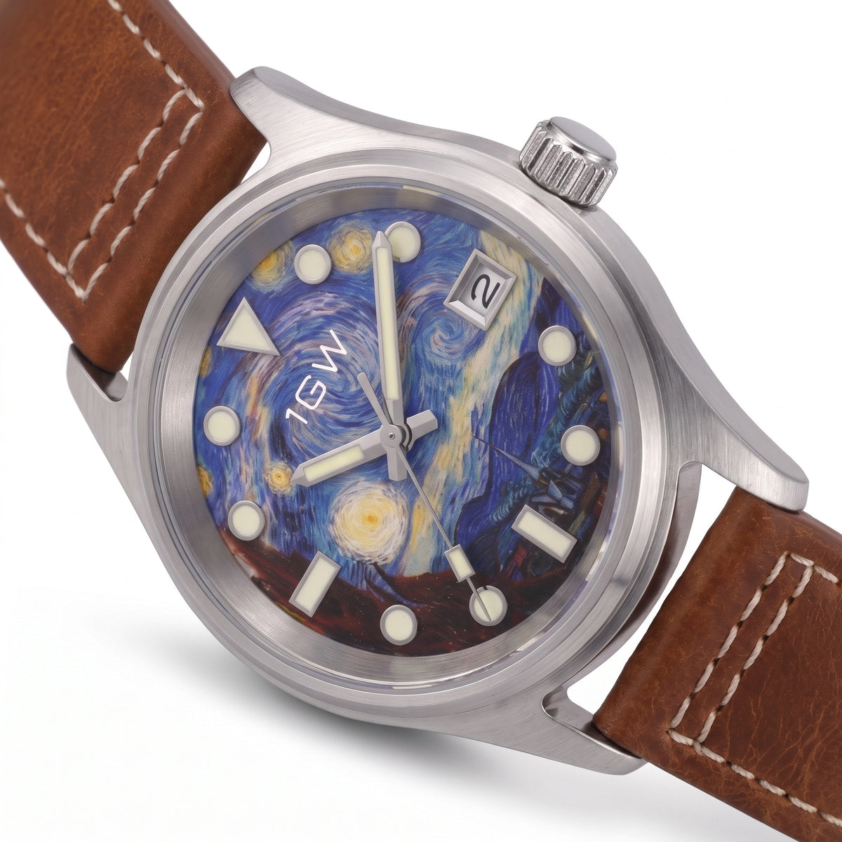 1GW Starry Night Automatic 36mm - angled studio close view of the Van Gogh art dial