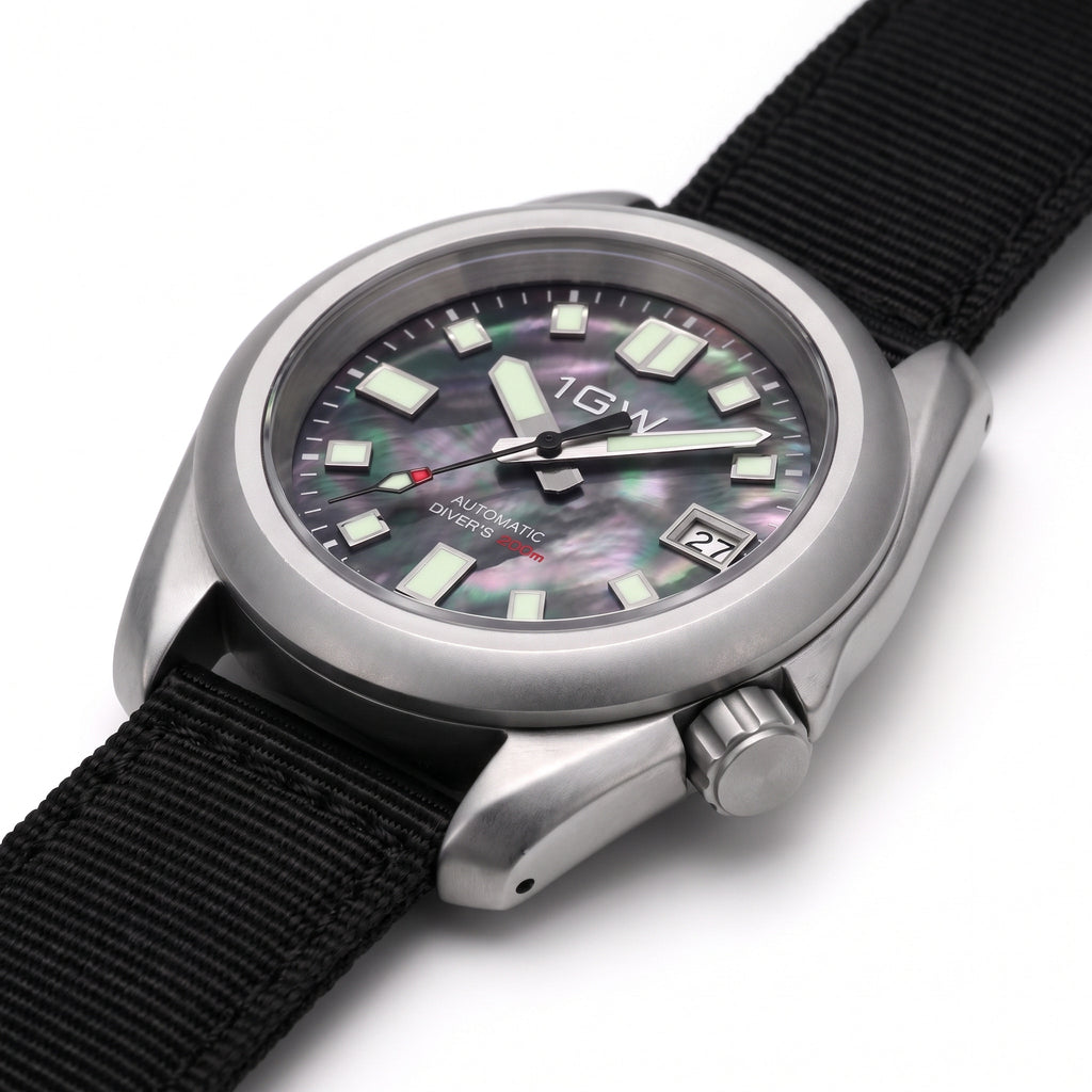 1GW Abalone Diver 200m - low side profile on white showing case thickness, lug edge and crown