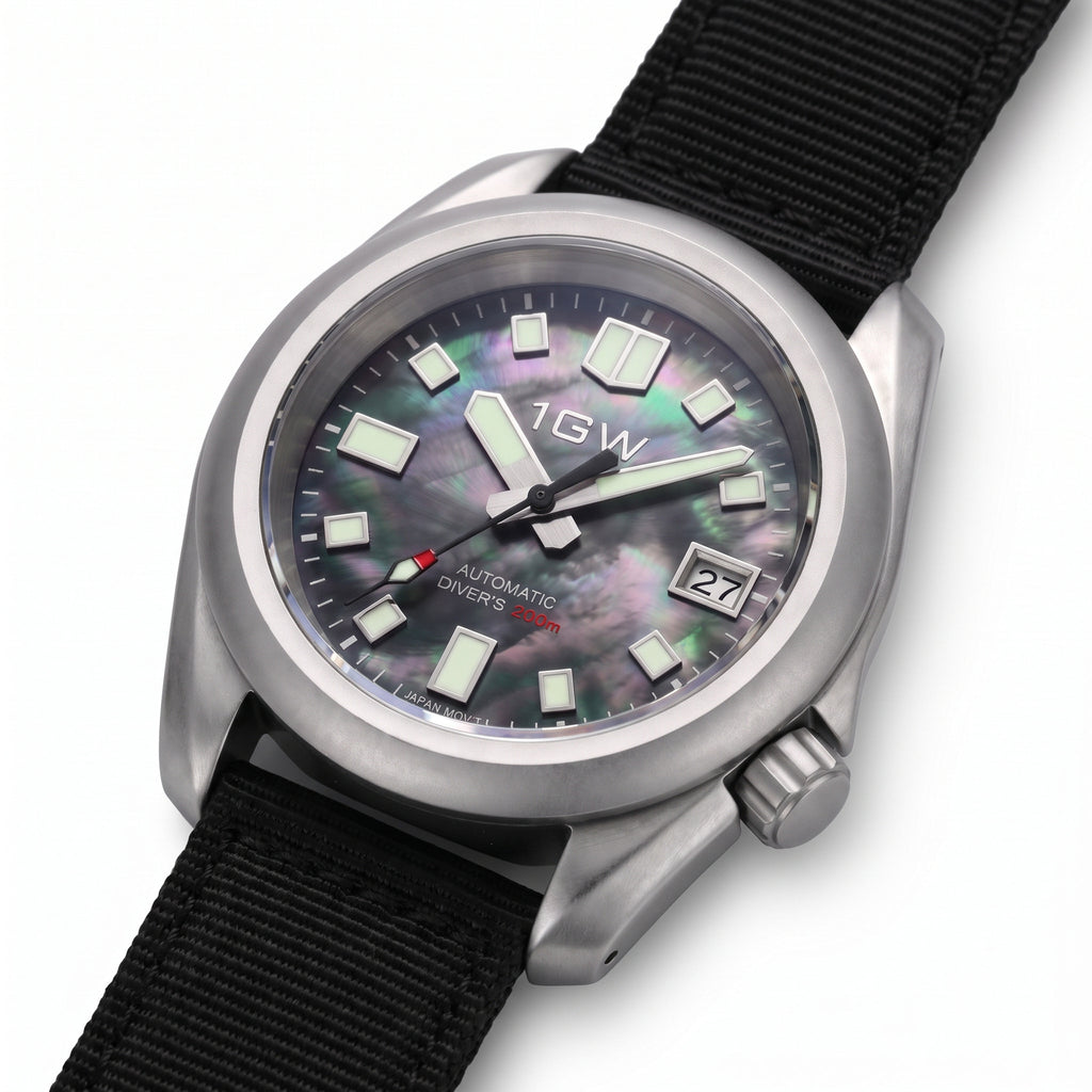 1GW Abalone Diver 200m - three-quarter studio angle on white showing case profile, crown and iridescent abalone dial