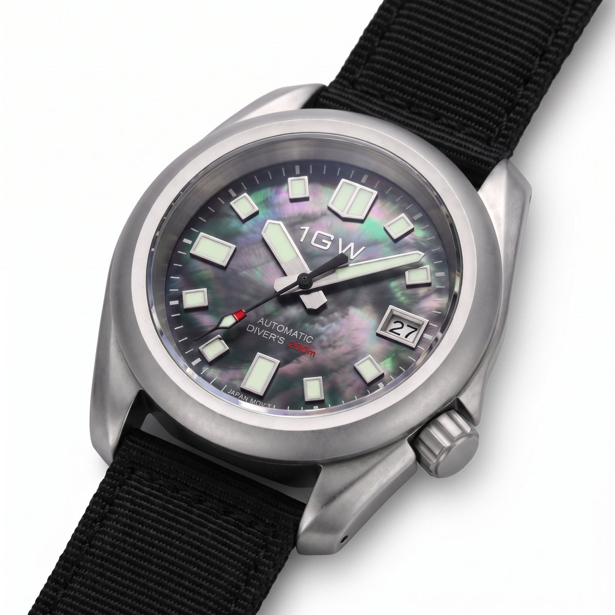 1GW Abalone Diver 200m - three-quarter studio angle on white showing case profile, crown and iridescent abalone dial