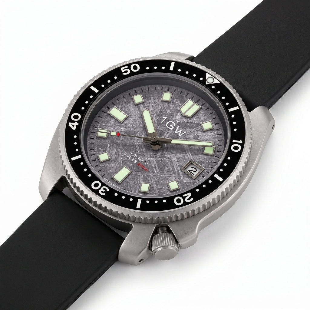 1GW Titanium Meteorite Turtle 44mm - high three-quarter studio angle on white showing turtle case side and crown
