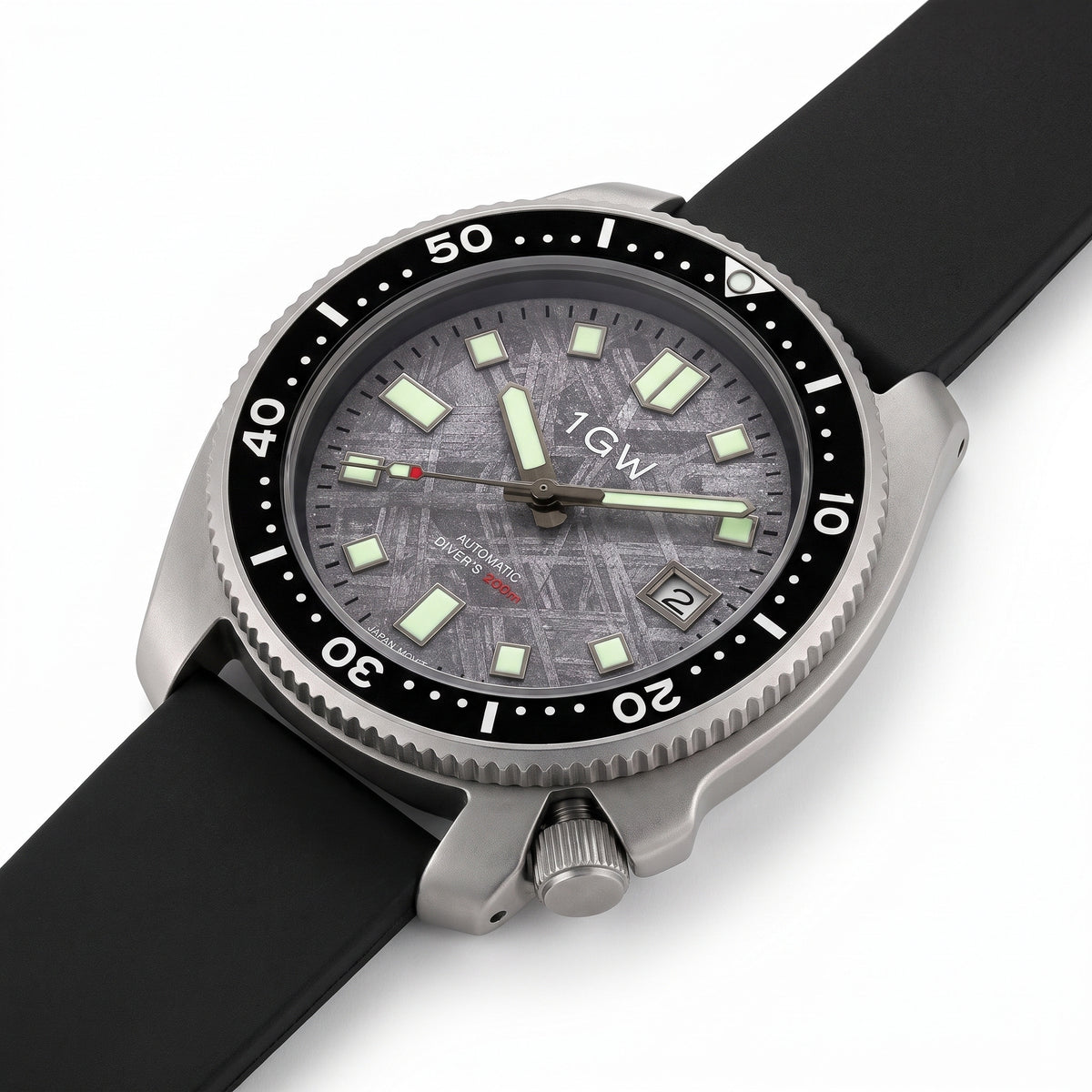 1GW Titanium Meteorite Turtle 44mm - high three-quarter studio angle on white showing turtle case side and crown