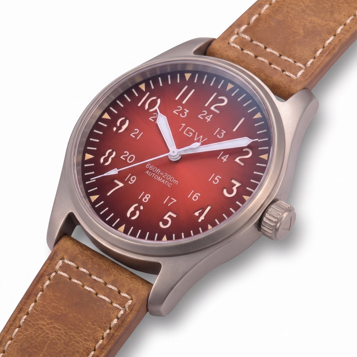 1GW Titanium Red GMT 36mm - high three-quarter studio angle on white showing titanium case side and crown