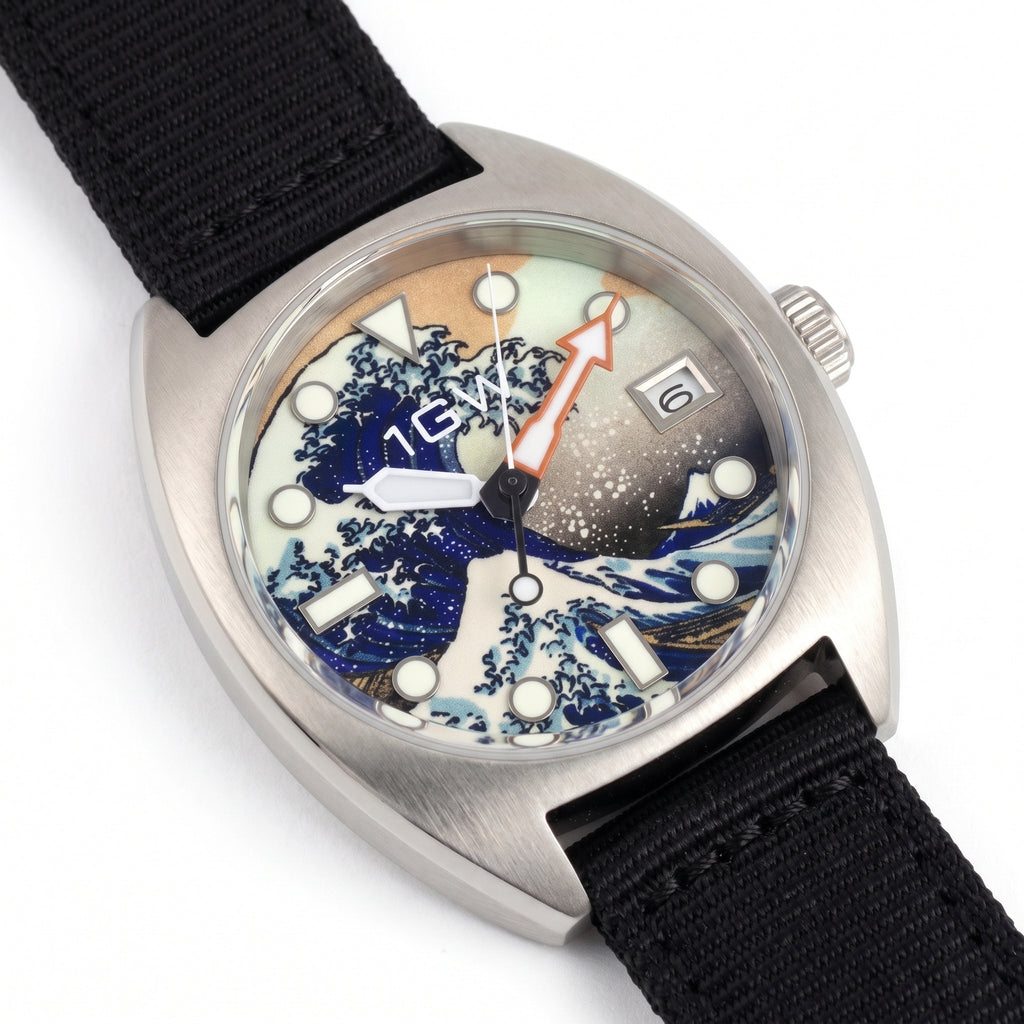 1GW Great Wave 36mm - high three-quarter studio angle on white showing cushion case side and crown