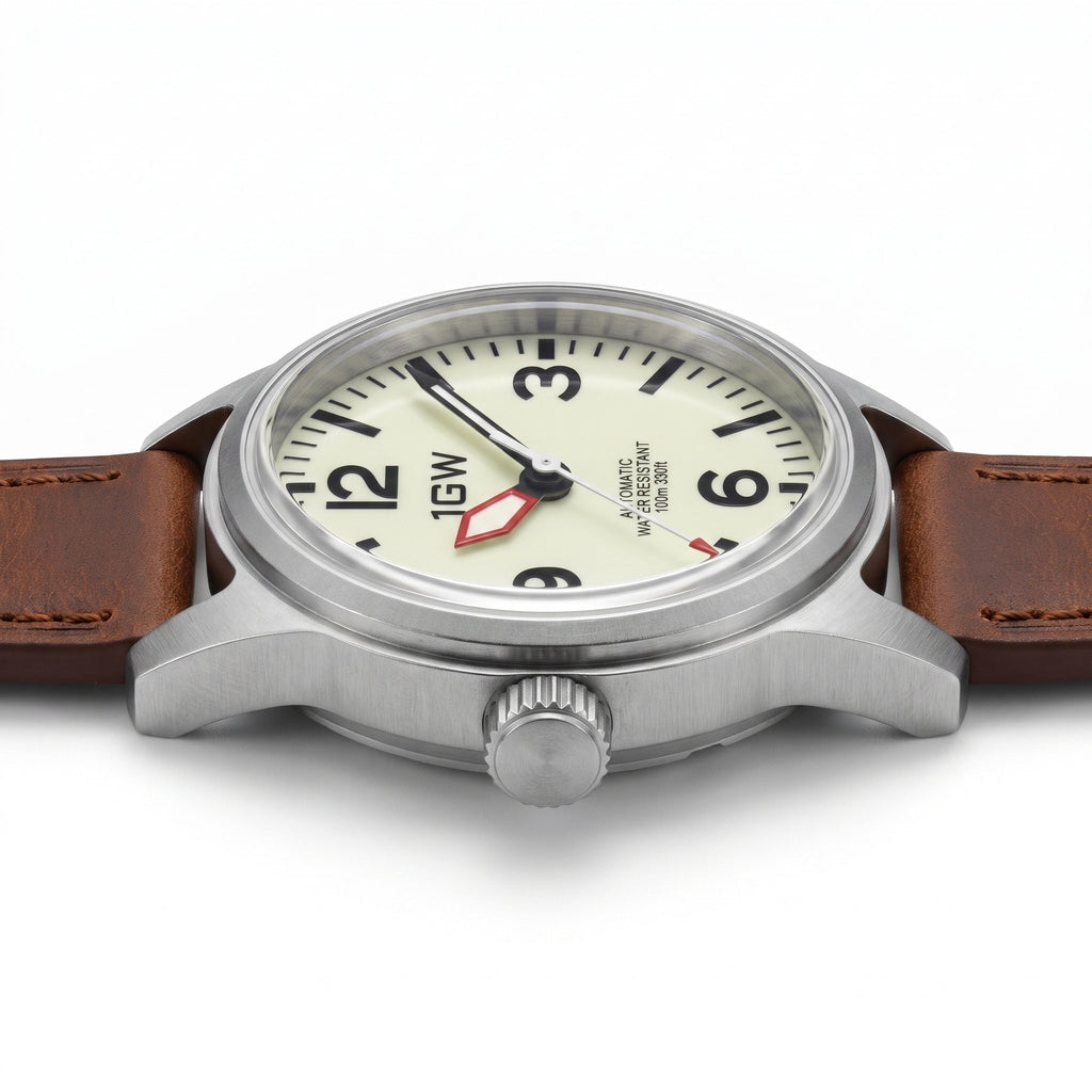 1GW Cream Field 36mm - low side profile on white showing case thickness, lug edge and crown