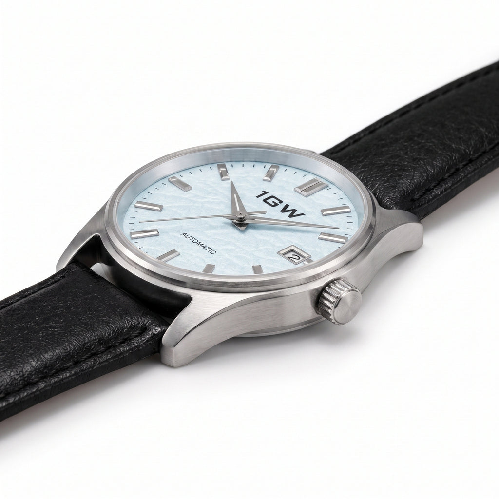 1GW Baby Blue Textured 39mm - low side profile on white showing case thickness, lug edge and crown