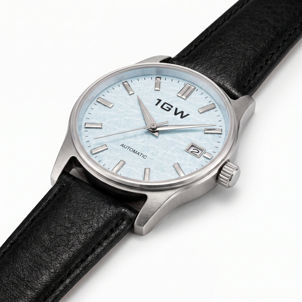 1GW Baby Blue Textured 39mm - high three-quarter studio angle on white showing case side, crown and lug profile