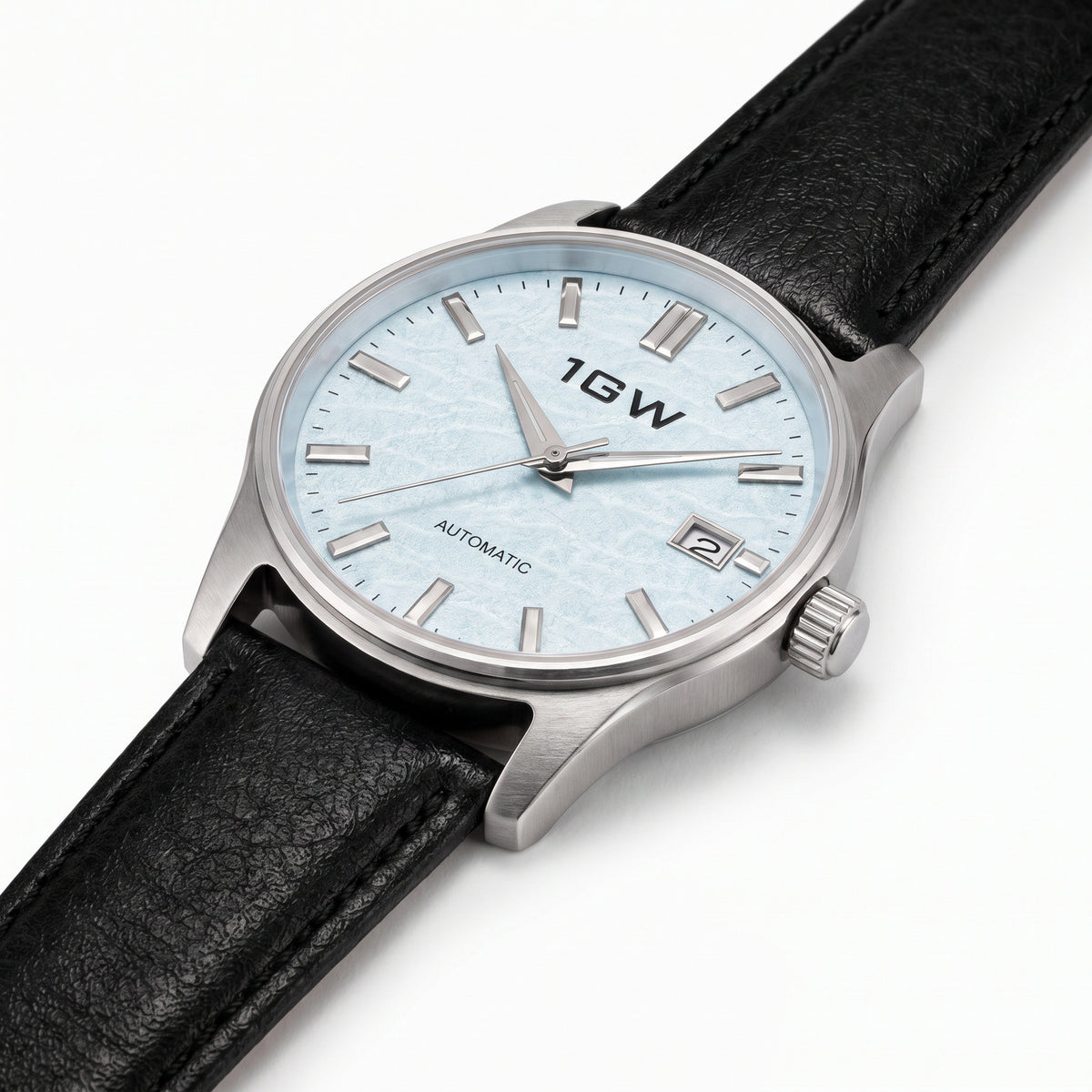 1GW Baby Blue Textured 39mm - high three-quarter studio angle on white showing case side, crown and lug profile