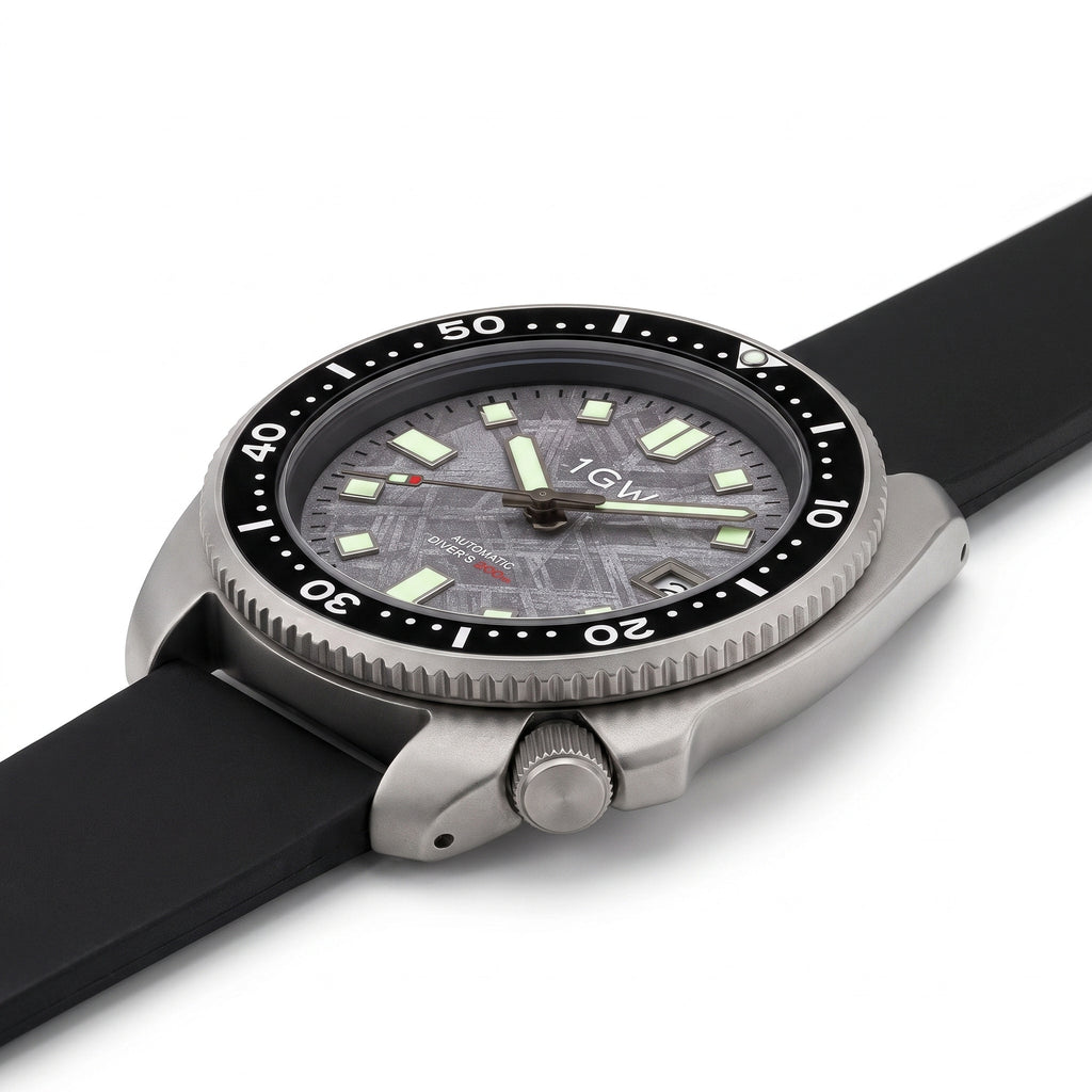 1GW Titanium Meteorite Turtle 44mm - low side profile on white showing case thickness, lug edge and crown