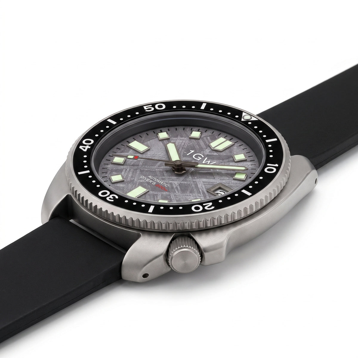 1GW Titanium Meteorite Turtle 44mm - low side profile on white showing case thickness, lug edge and crown