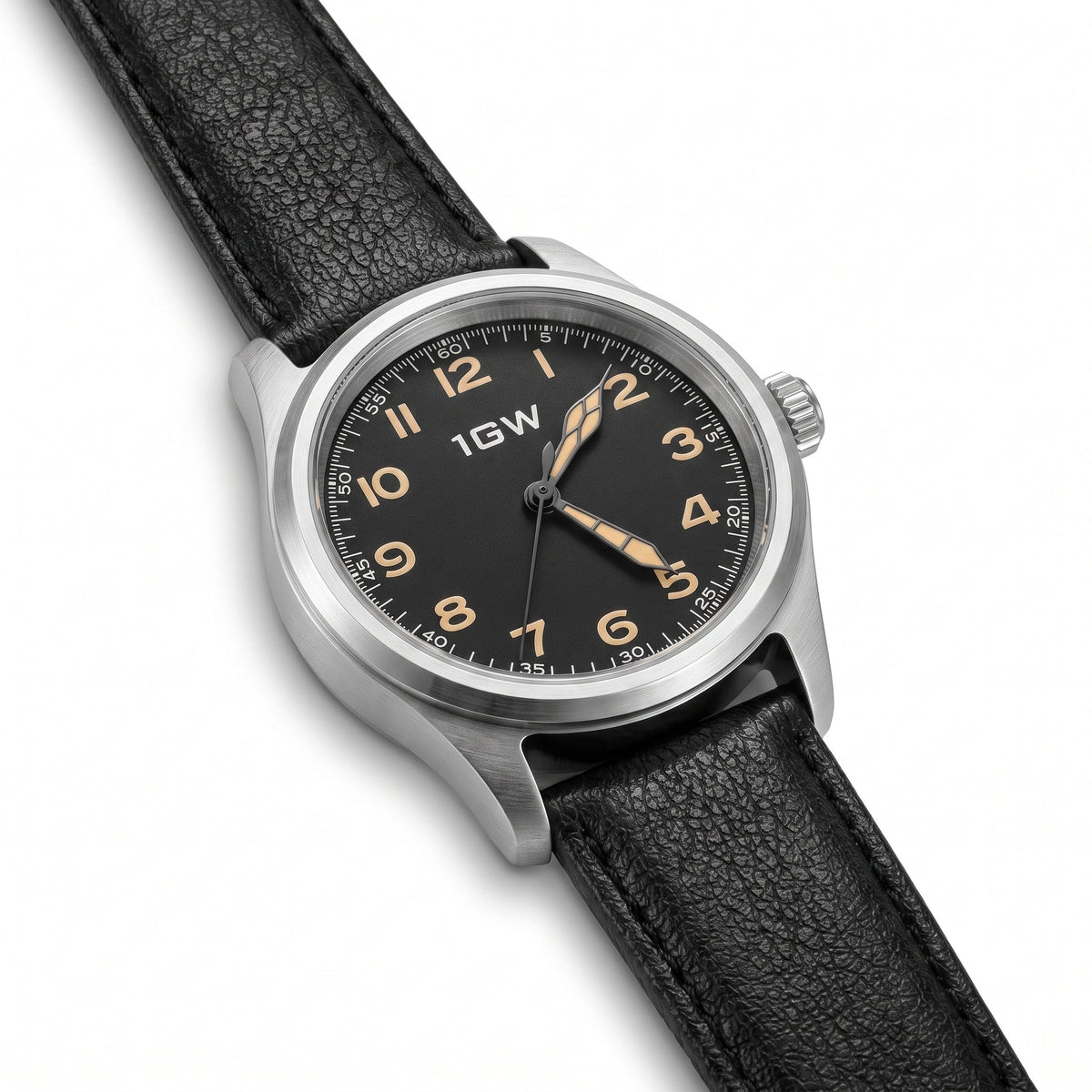 Black field automatic 36mm watch high three-quarter view on white