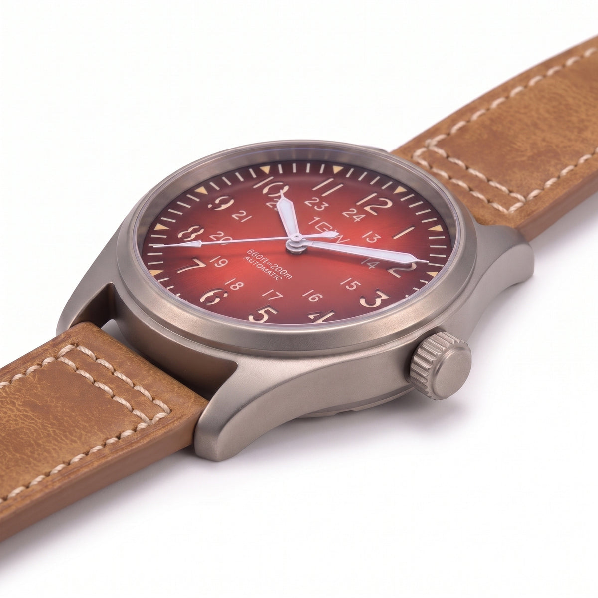 1GW Titanium Red GMT 36mm - low side profile on white showing case thickness, lug edge and crown