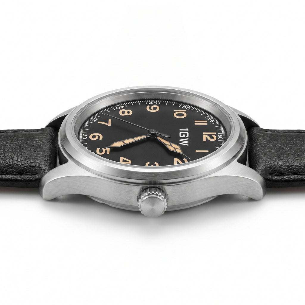 Black field automatic 36mm watch side profile on white