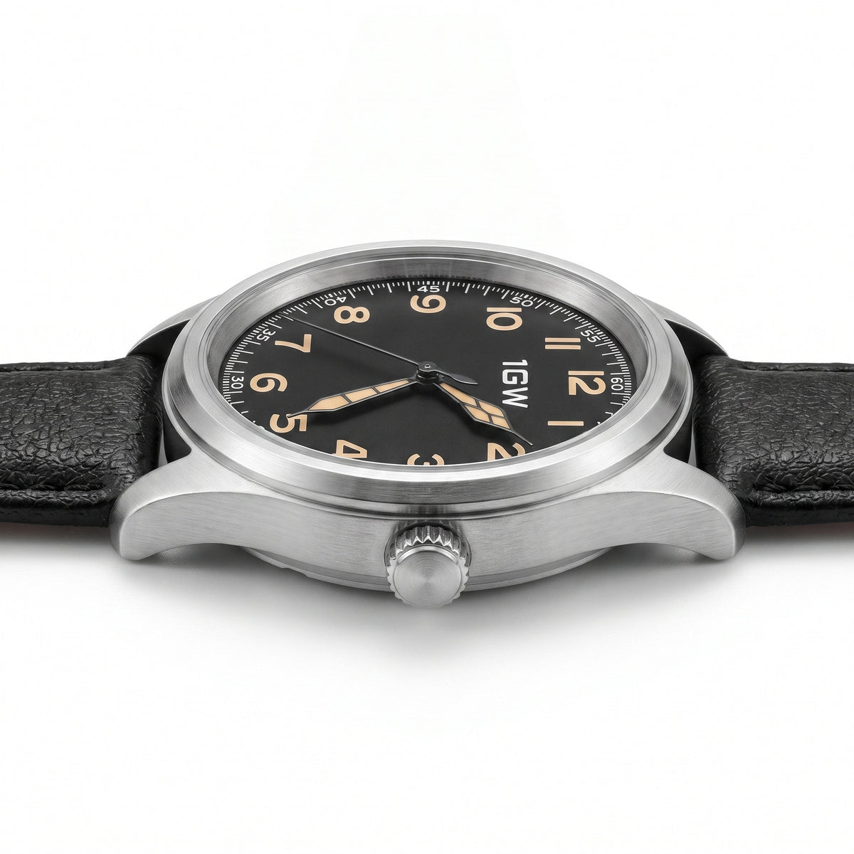 Black field automatic 36mm watch side profile on white