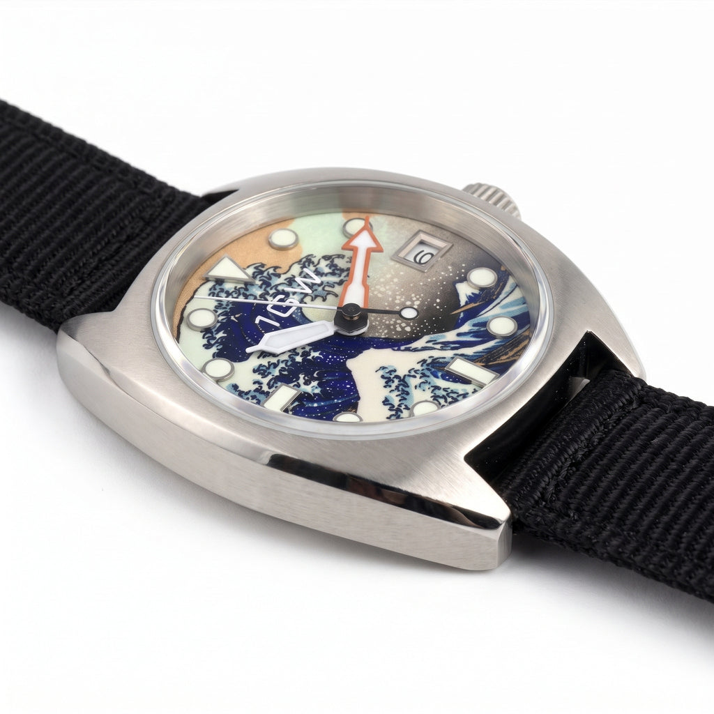 1GW Great Wave 36mm - low side profile on white showing case thickness, lug edge and crown