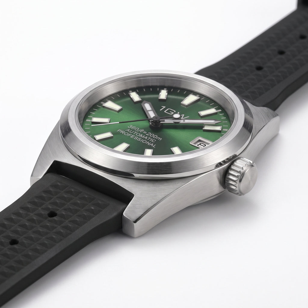 Side view of 1GW Green Professional Diver automatic watch with green dial and black rubber strap