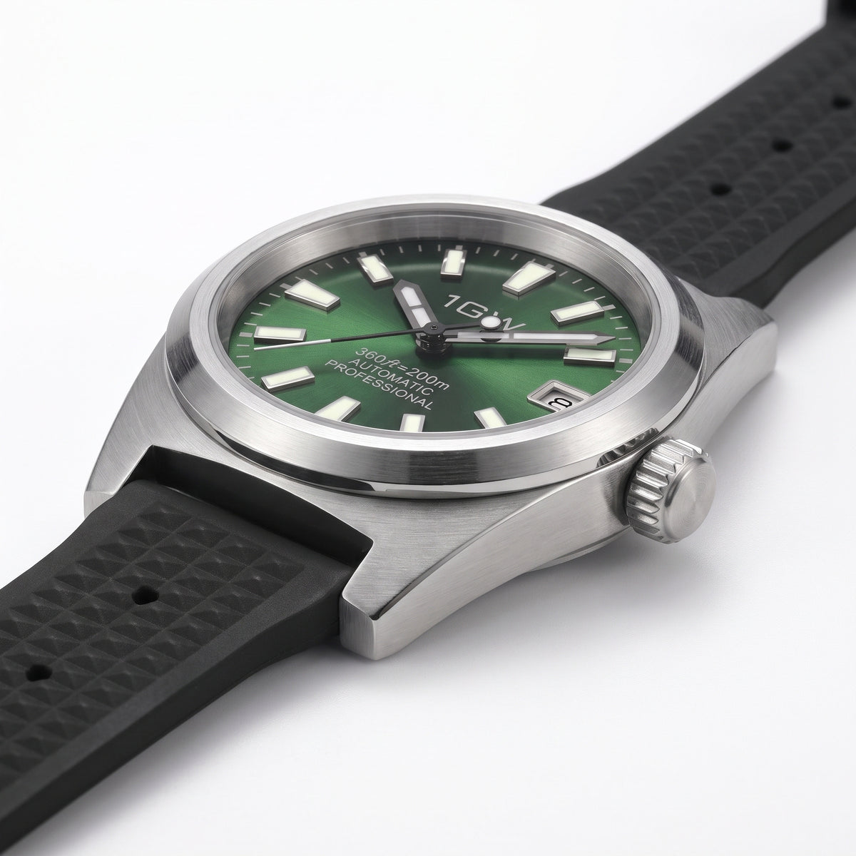 Side view of 1GW Green Professional Diver automatic watch with green dial and black rubber strap