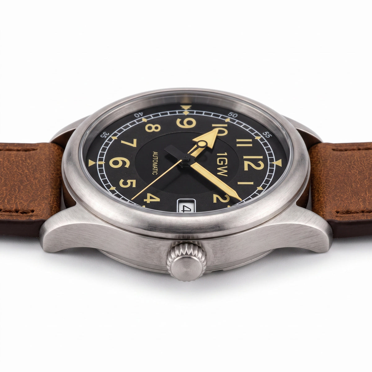 1GW Vintage Flieger automatic watch with black dial and brown leather strap, low side studio view