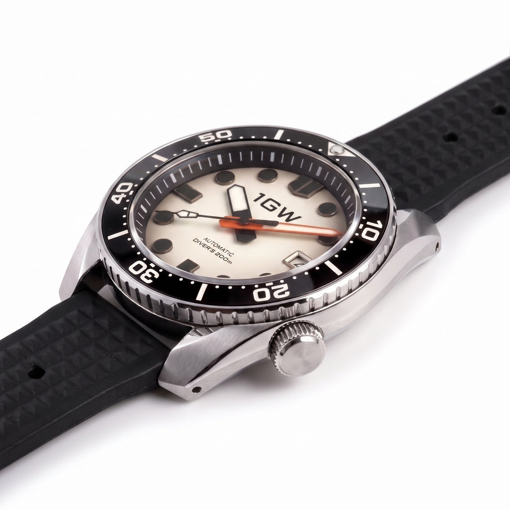 1GW Lume Cream Diver 200m - low side profile on white showing case thickness, lug edge and crown
