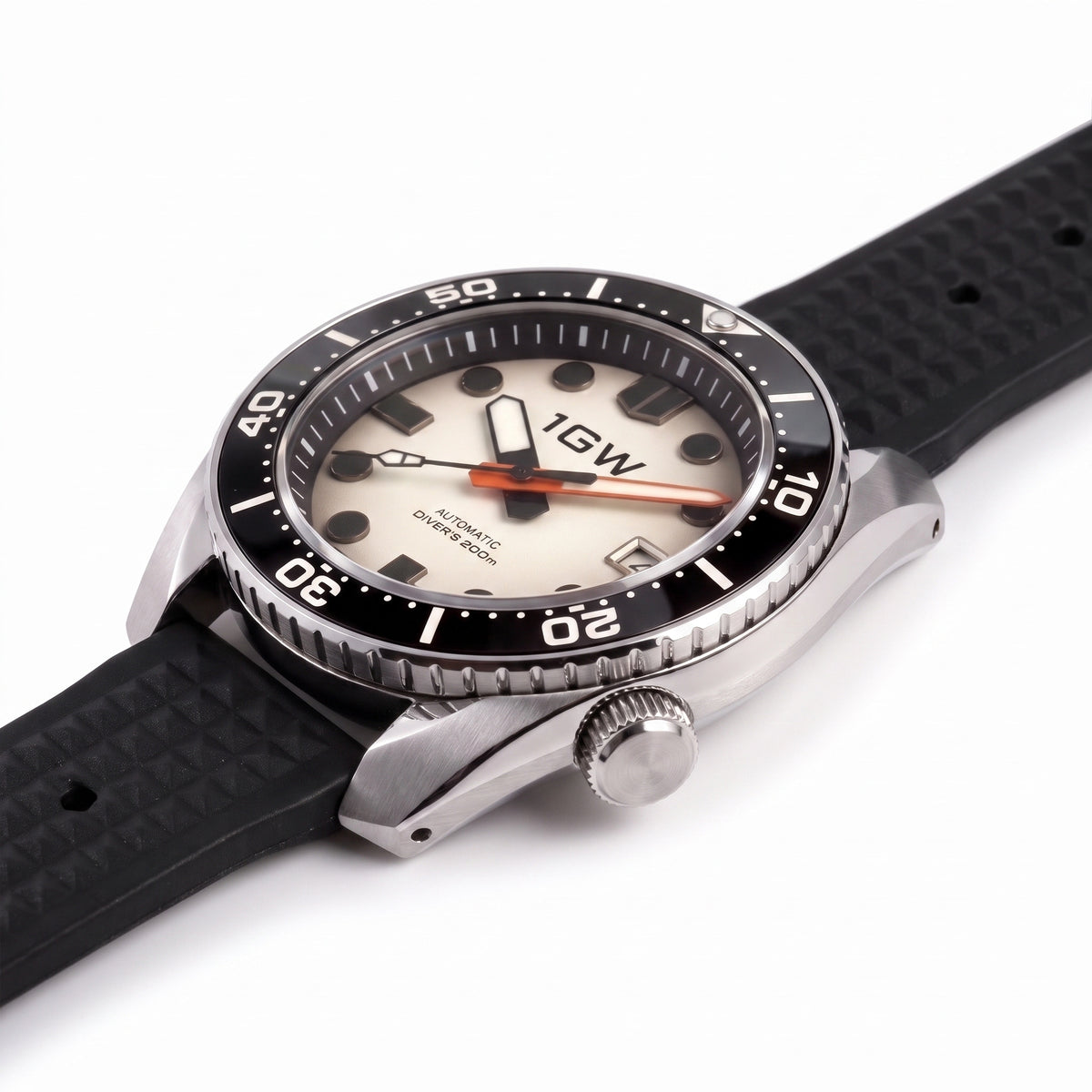 1GW Lume Cream Diver 200m - low side profile on white showing case thickness, lug edge and crown