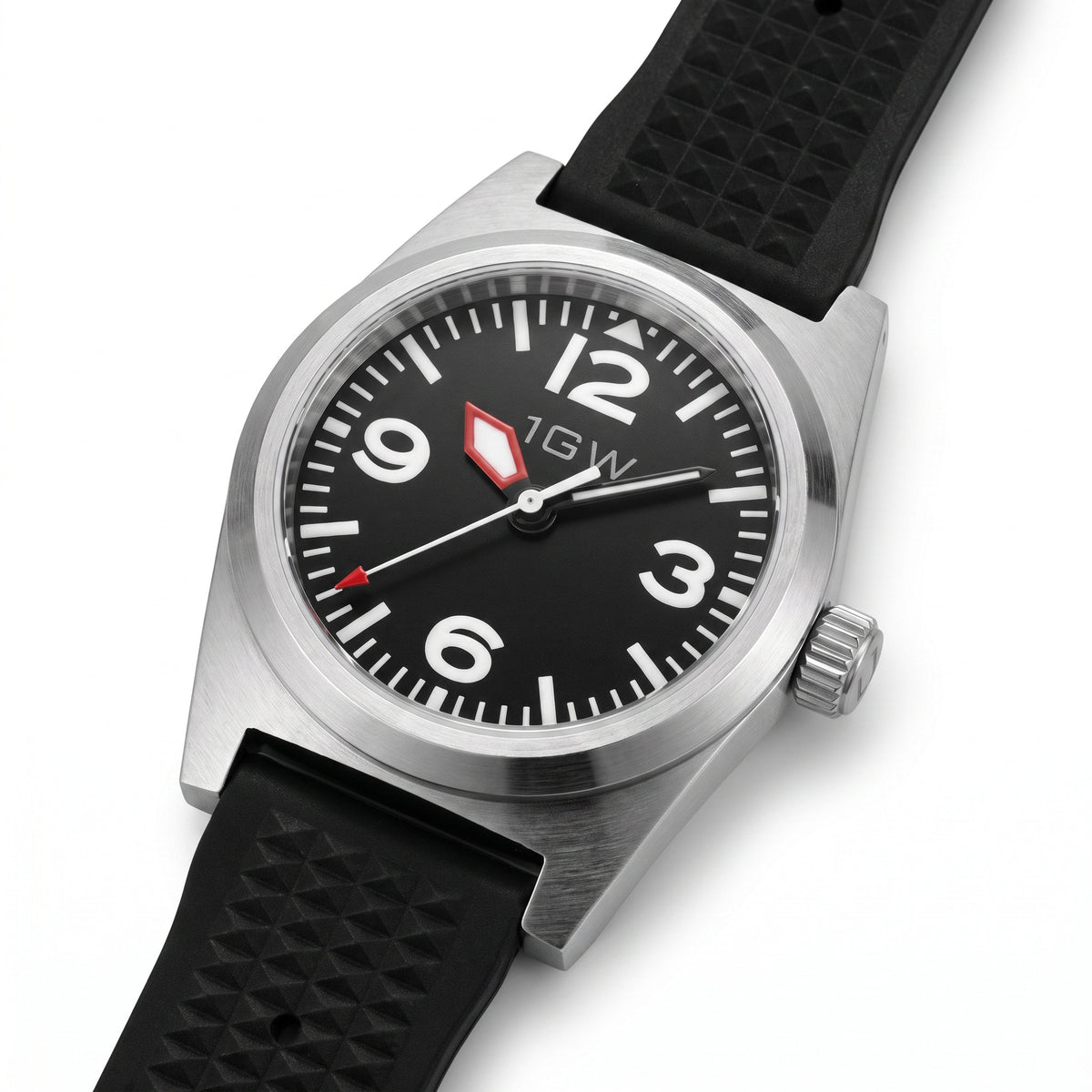 1GW Black Explorer PT5000 - high three-quarter studio angle on white showing case side, crown and lug profile