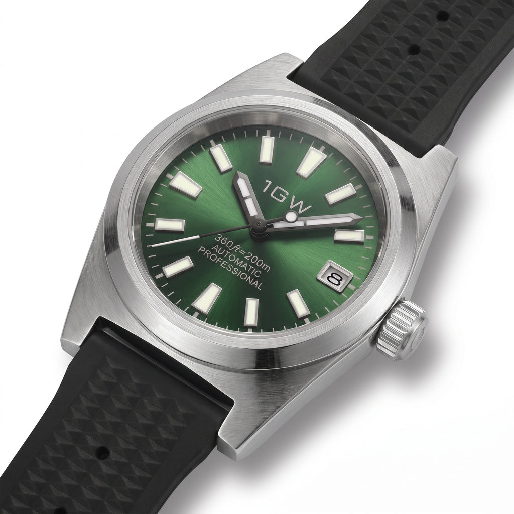 Angled view of 1GW Green Professional Diver automatic watch with green dial and black rubber strap
