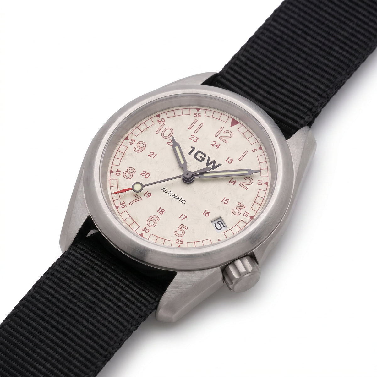 1GW White Field 24H - high three-quarter studio angle on white showing case side, crown and lug profile