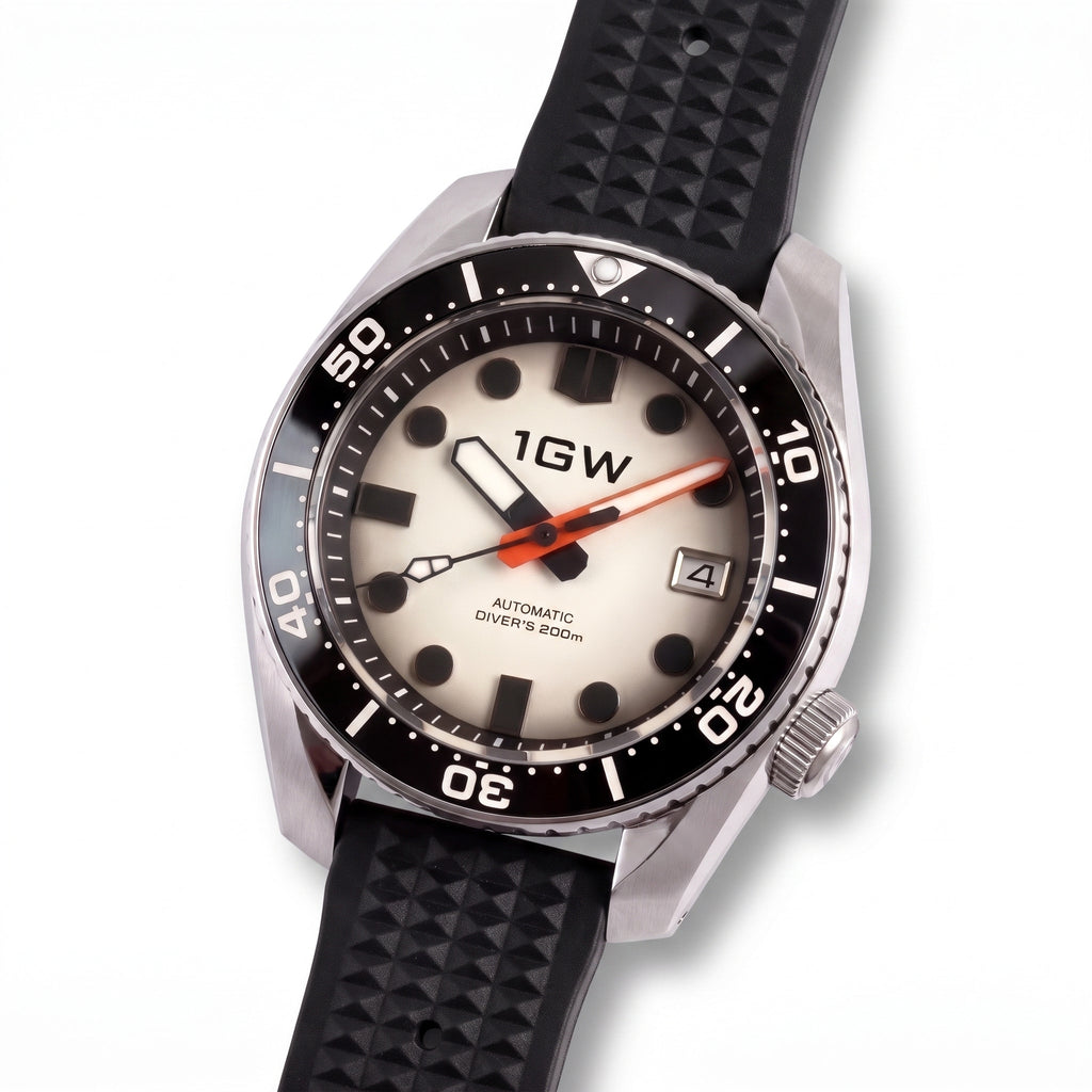 1GW Lume Cream Diver 200m - high three-quarter studio angle on white showing case side, dive bezel and crown