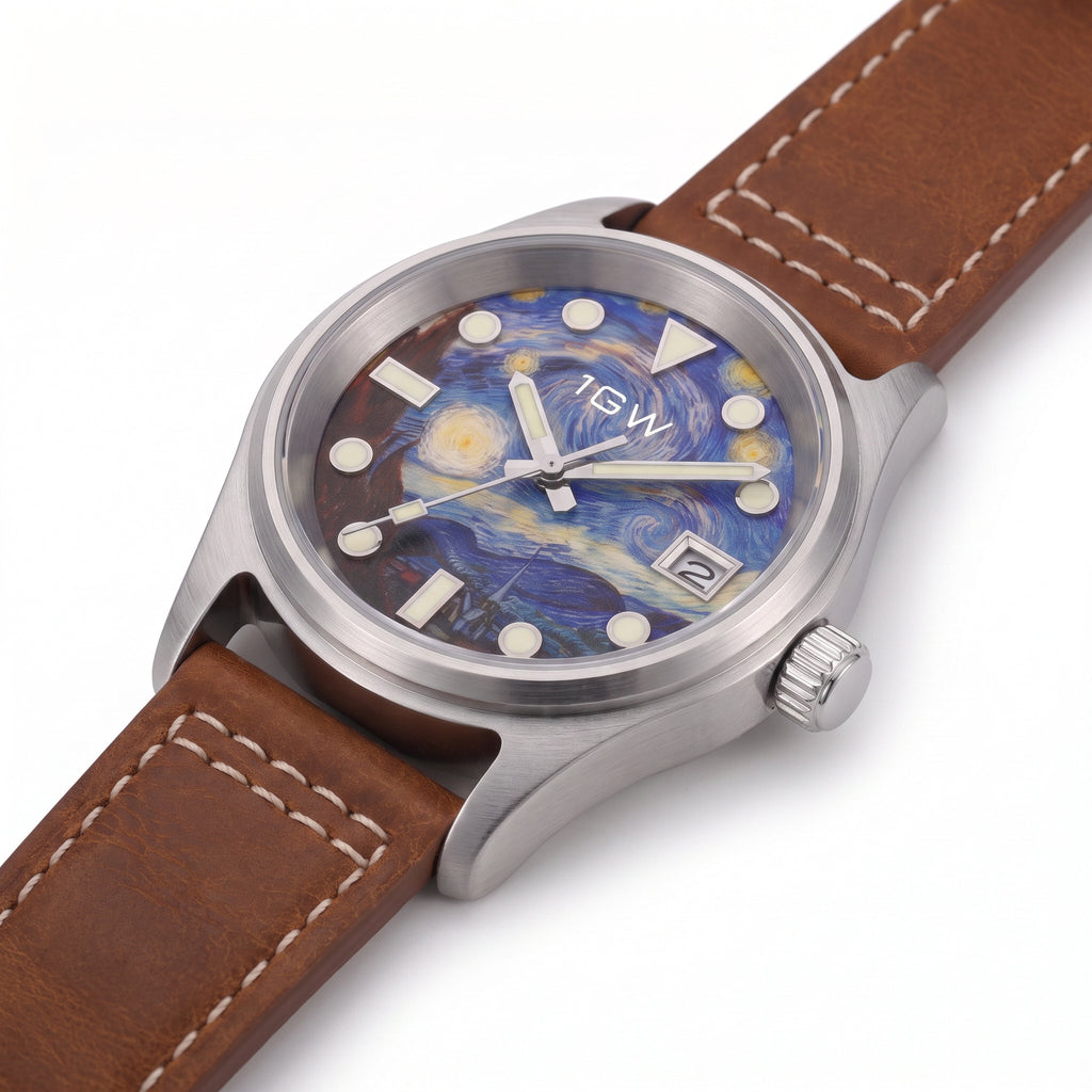 1GW Starry Night 36mm - high three-quarter studio angle on white showing case side, crown and lug profile