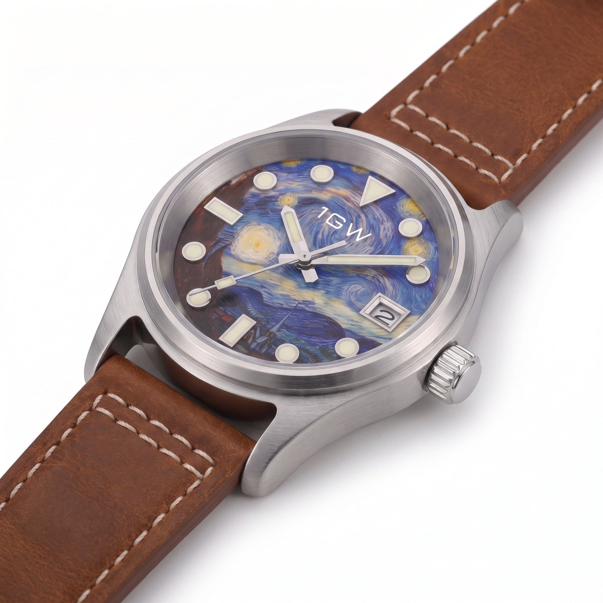 1GW Starry Night 36mm - high three-quarter studio angle on white showing case side, crown and lug profile