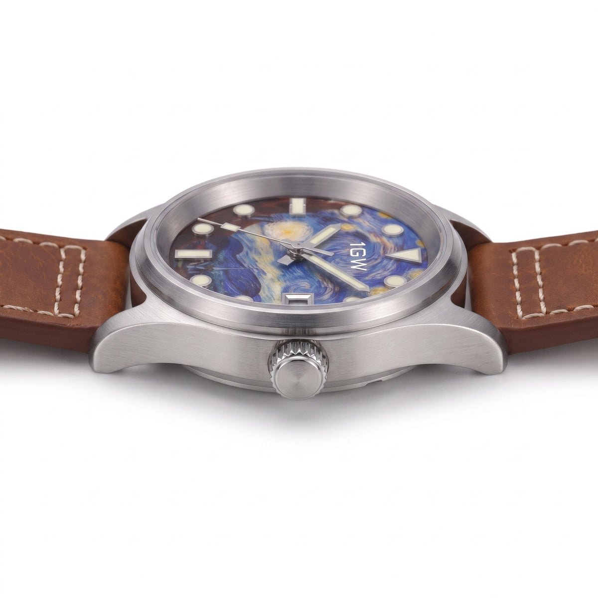 1GW Starry Night 36mm - low side profile on white showing case thickness, lug edge and crown