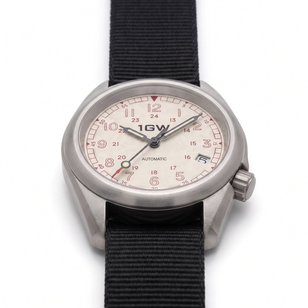 1GW White Field 24H - low side profile on white showing case thickness, lug edge and crown