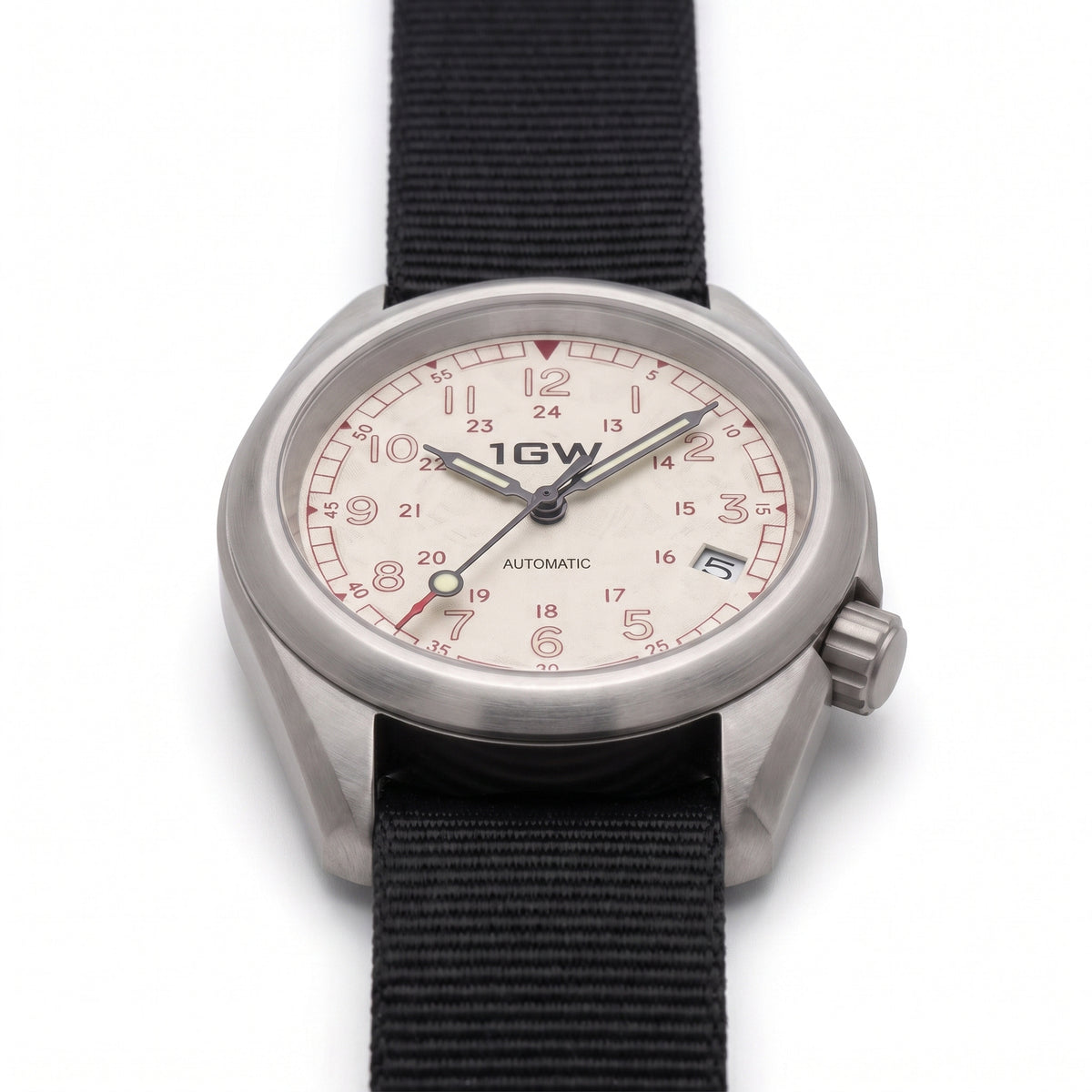 1GW White Field 24H - low side profile on white showing case thickness, lug edge and crown