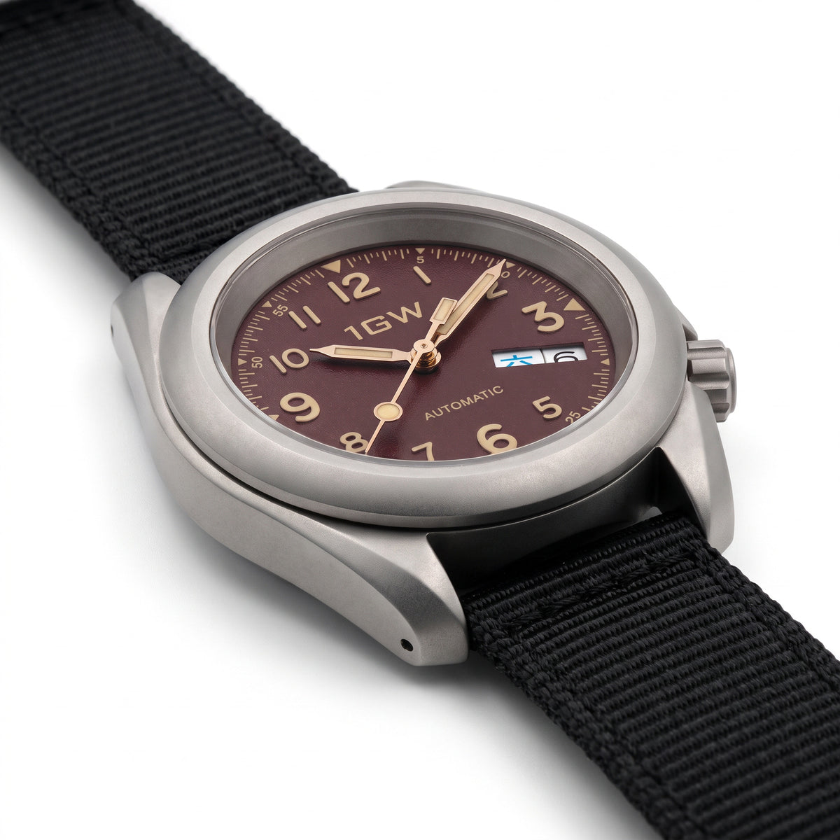 1GW Burgundy Field Day-Date Titanium 40mm - low side profile on white showing case thickness, lug edge and crown