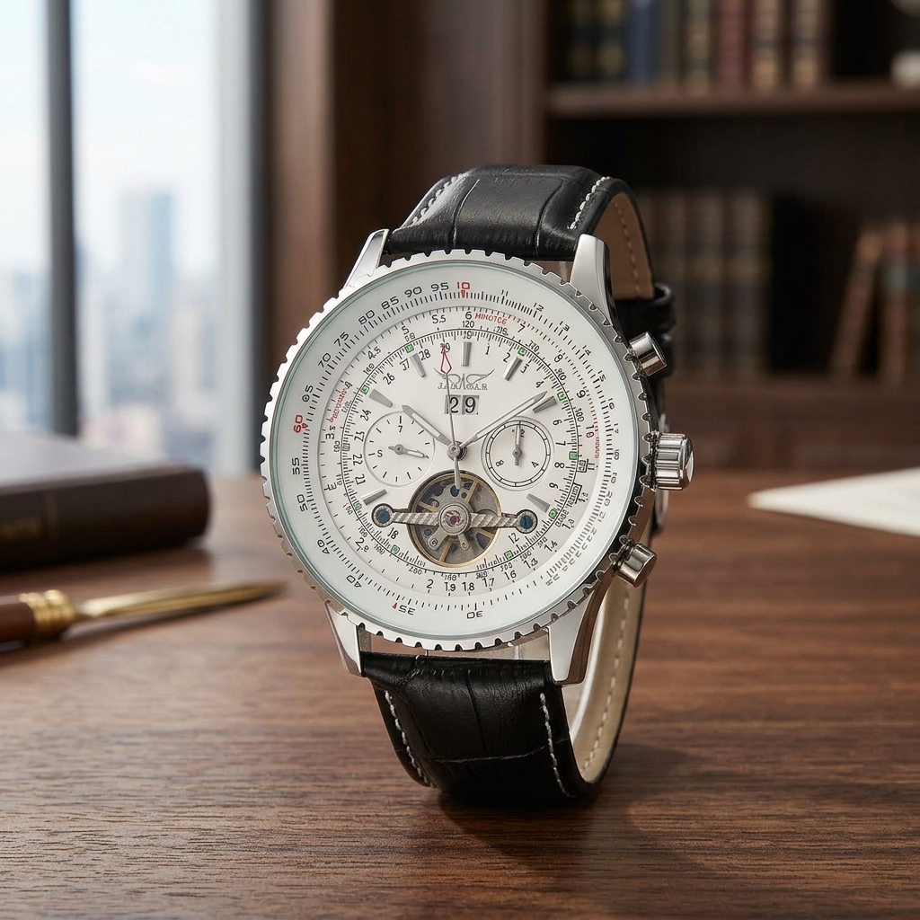 JARAGAR 0208 white-dial open-heart automatic watch with black leather strap, standing on a walnut desk in daylight