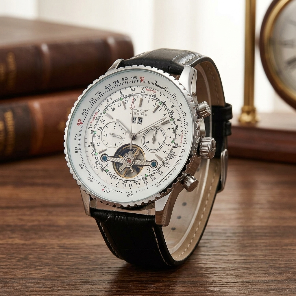 JARAGAR 0208 white-dial open-heart automatic watch with black leather strap, standing on a walnut desk beside books and a mantel clock