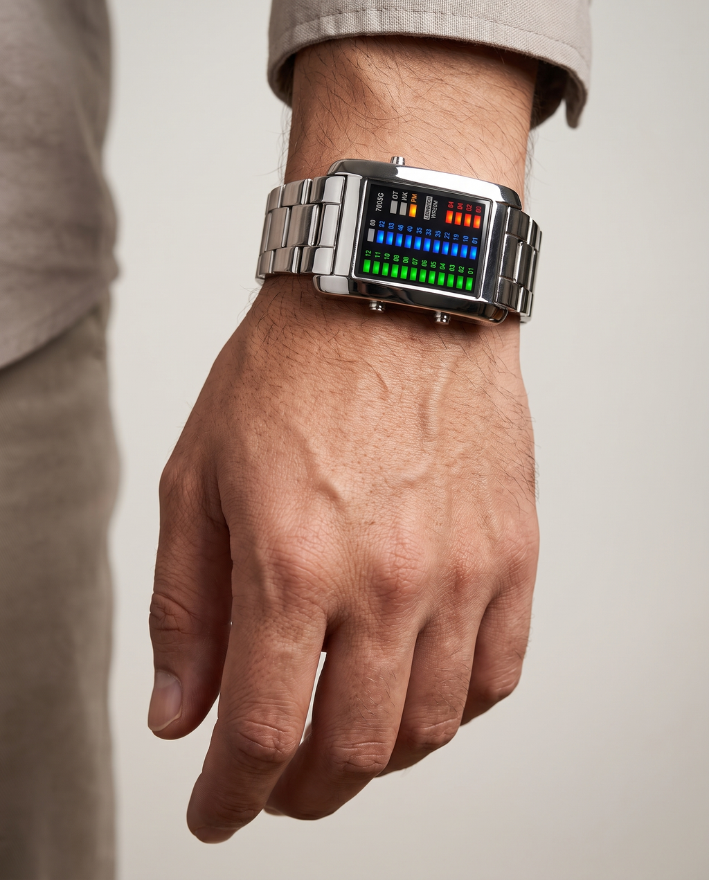Binary Matrix LED Digital Watch Silver worn on wrist