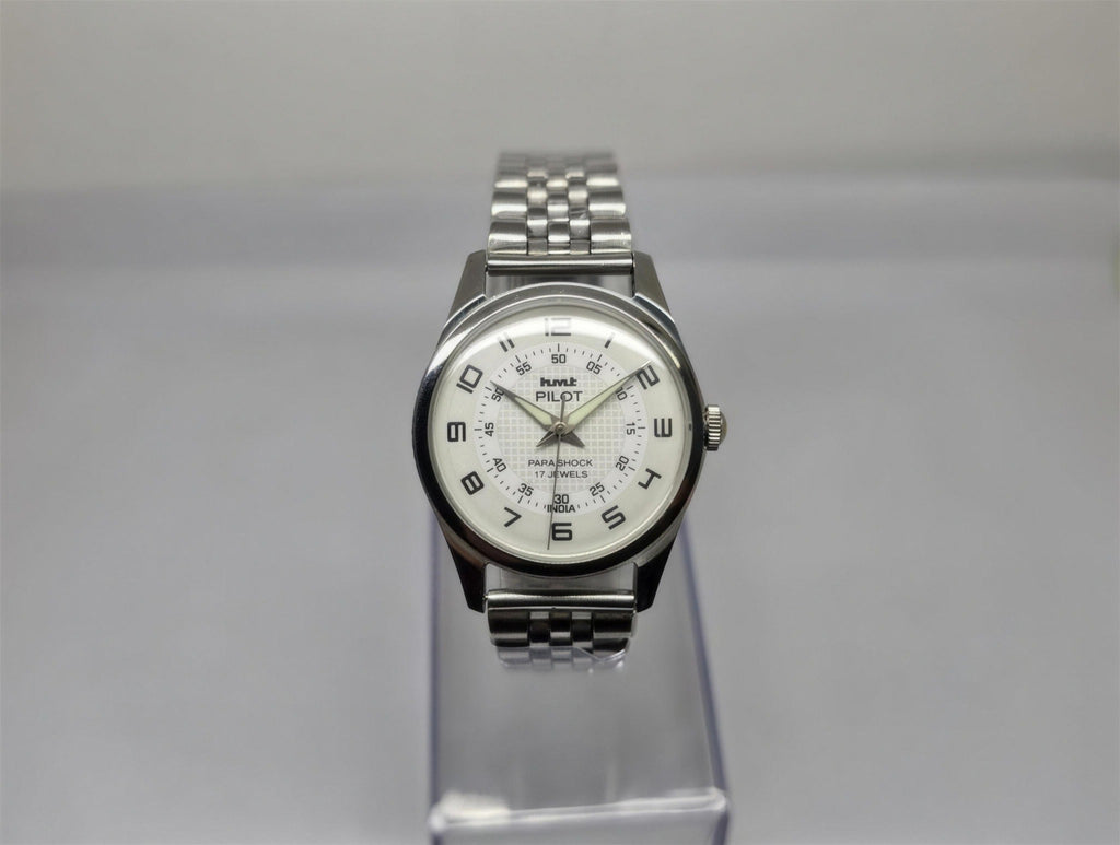 Vintage HMT Pilot white dial hand-wind watch, steel bracelet