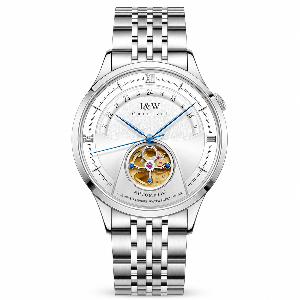 Carnival I&W IW.525G open-heart automatic watch, white dial, Roman numerals, 24-hour ring, gold open-heart aperture and stainless-steel bracelet on white