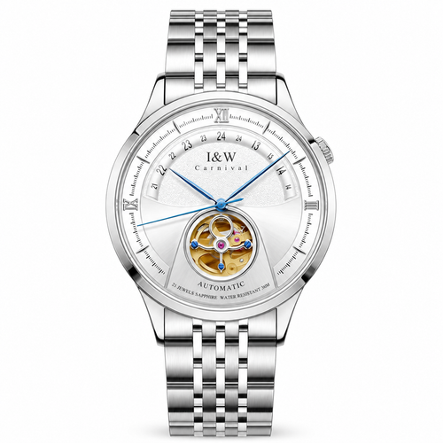Carnival I&W IW.525G open-heart automatic watch, white dial, Roman numerals, 24-hour ring, gold open-heart aperture and stainless-steel bracelet on white