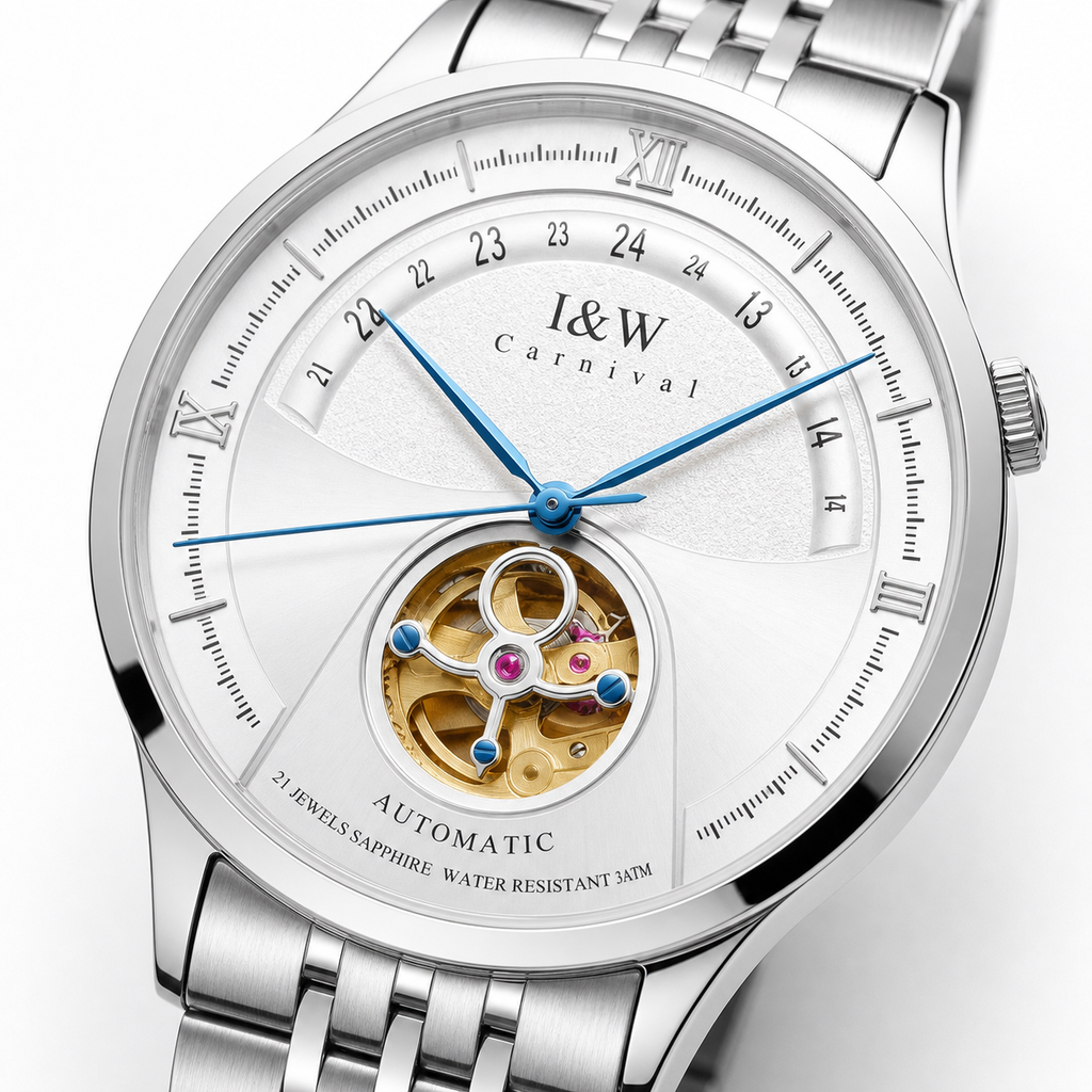 Carnival I&W IW.525G open-heart automatic macro showing white dial, Roman markers, 24-hour ring, blue hands and gold aperture