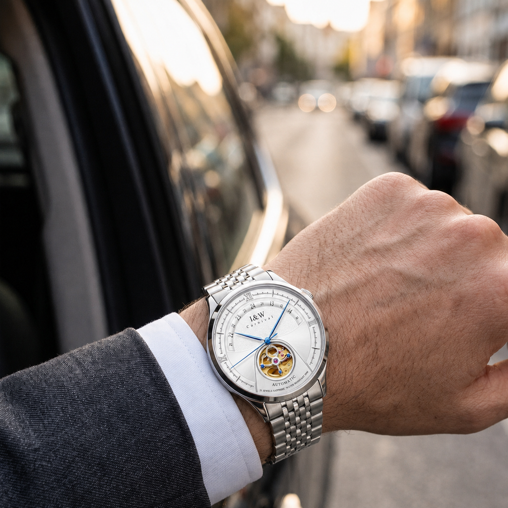 Carnival I&W IW.525G open-heart automatic watch worn with a suit beside a car, white dial and stainless-steel bracelet