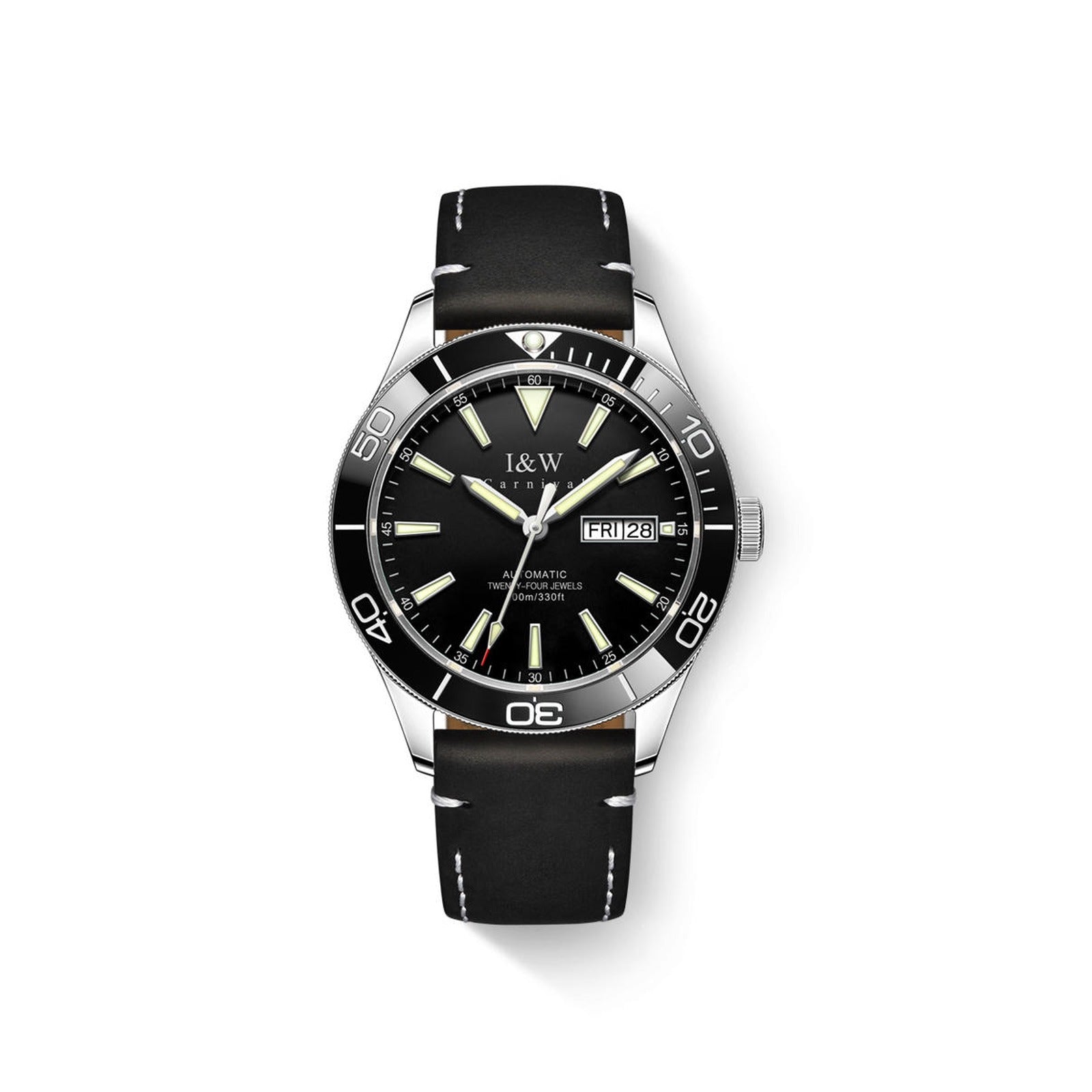 Carnival I&W IW.533G automatic watch, black dial, day-date, black leather strap