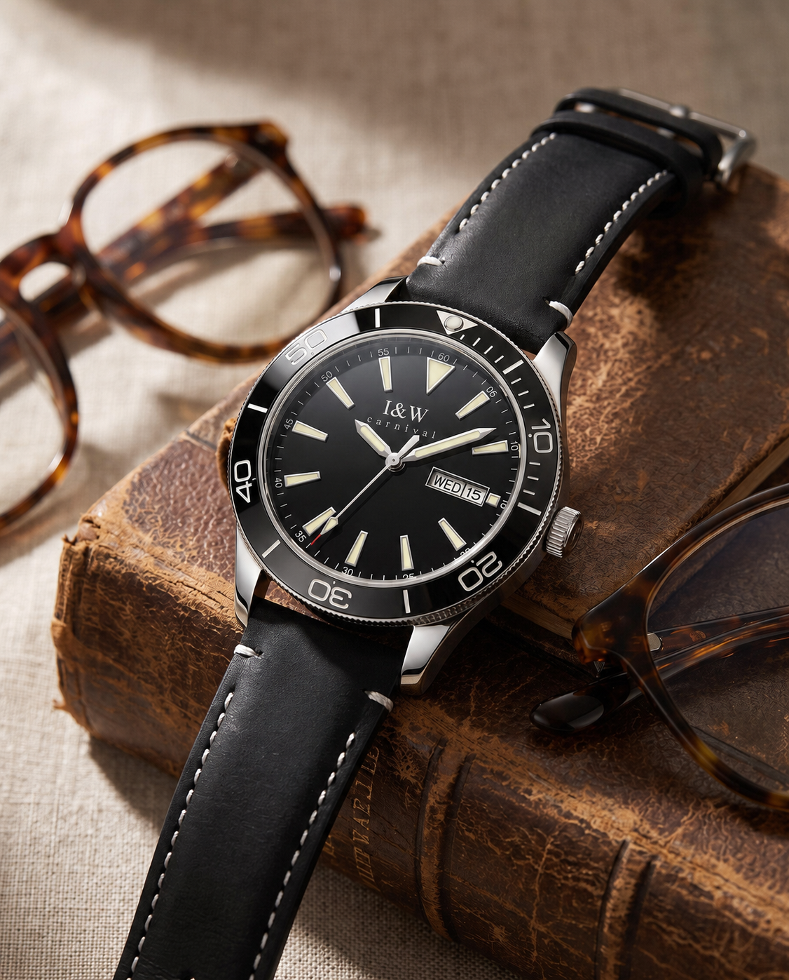 Carnival I&W IW.533G automatic watch on vintage books beside glasses, branded dial