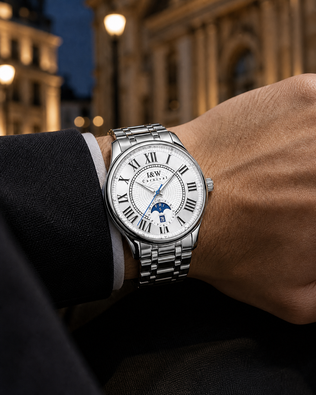 Carnival white Roman-numeral automatic watch on wrist with city lights